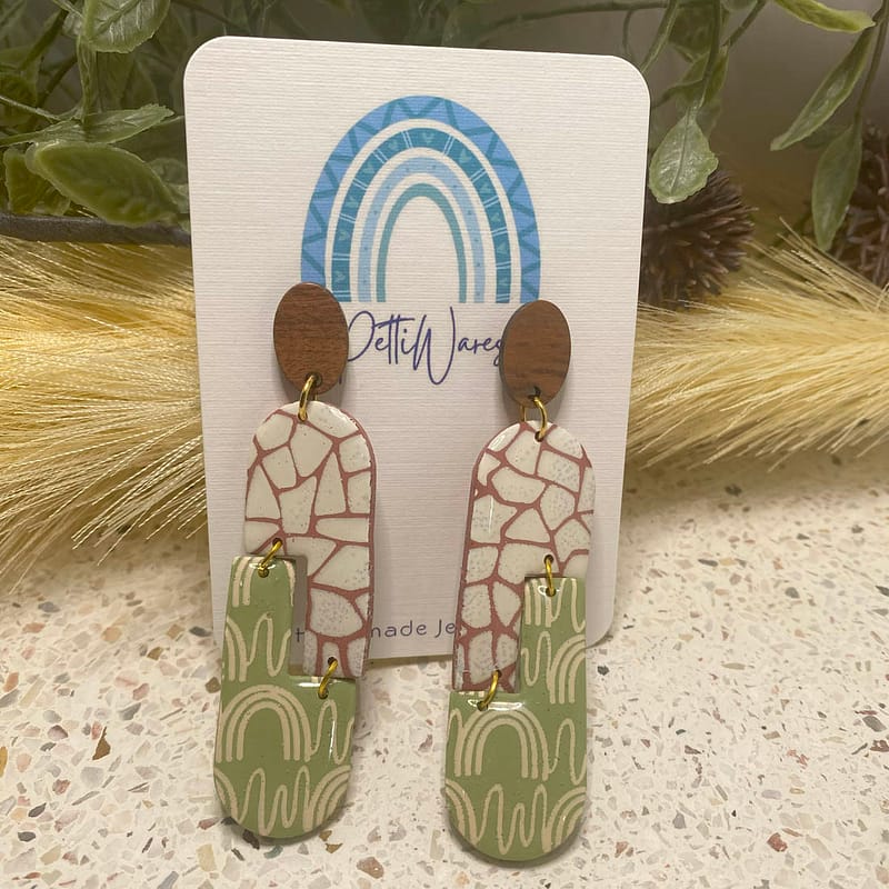 Screen print with mosaic polymer clay large dangle earrings by PettiWares